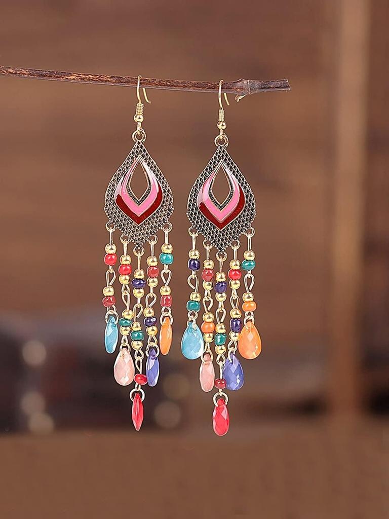Women and Girls Fashion Dangler Earrings | Gold Plated Long Beaded Tassel Earrings Bohemia Dangler Earrings