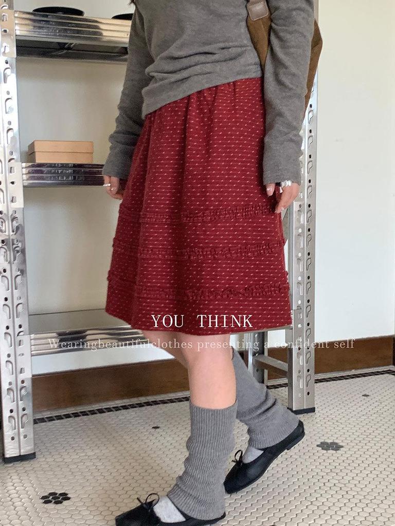 Winter Korean Patchwork Lace Polka Dot Midi Skirt for Women