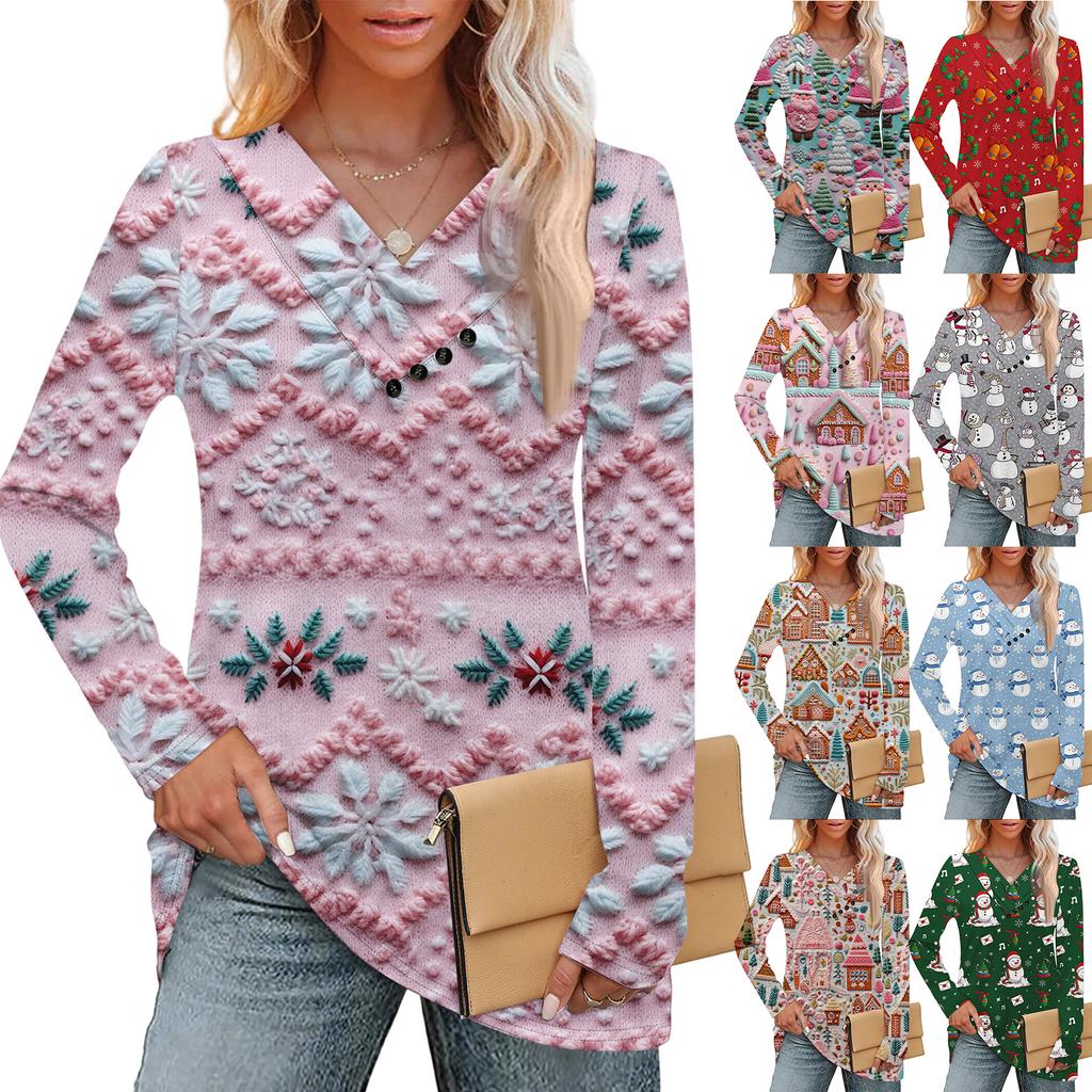 Women's Fashion Casual V-neck Pleated Christmas Long Sleeve Top