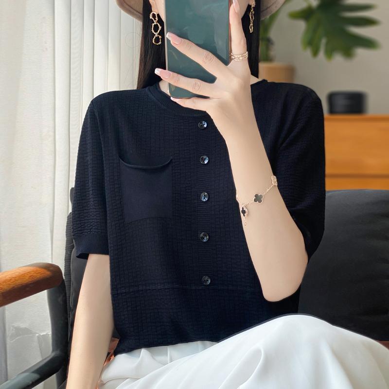 Women Knit T-shirt Summer Knitted Shirt Short Sleeve Tees O-neck Pullover Knit Tops Female