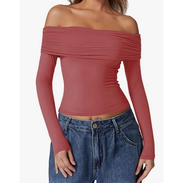 European and American Women's One-Shoulder Long-Sleeve Milk Silk T-Shirt - Elegant and Stylish Design