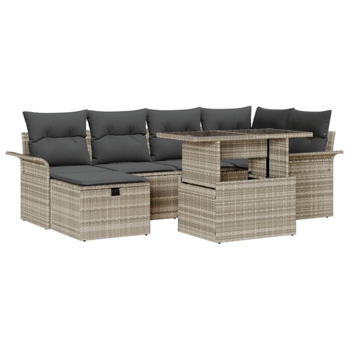 Ensemble de Canapés de Jardin 7 pièces avec Coussins Gris Clair en Poly Rattan, Canapé de Jardin 2 places avec Rangement &amp; 3361011