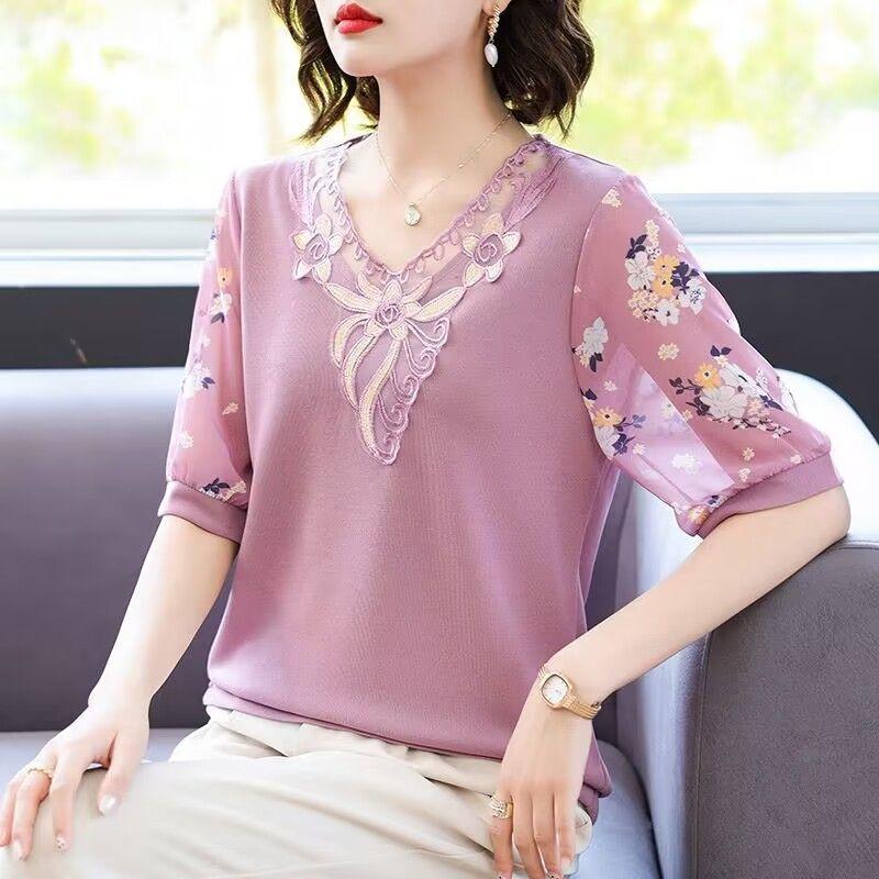 Mom's Summer Short Sleeved T-shirt Middle-aged Women's Ice Silk Top Middle-aged and Elderly Knitted Sweater