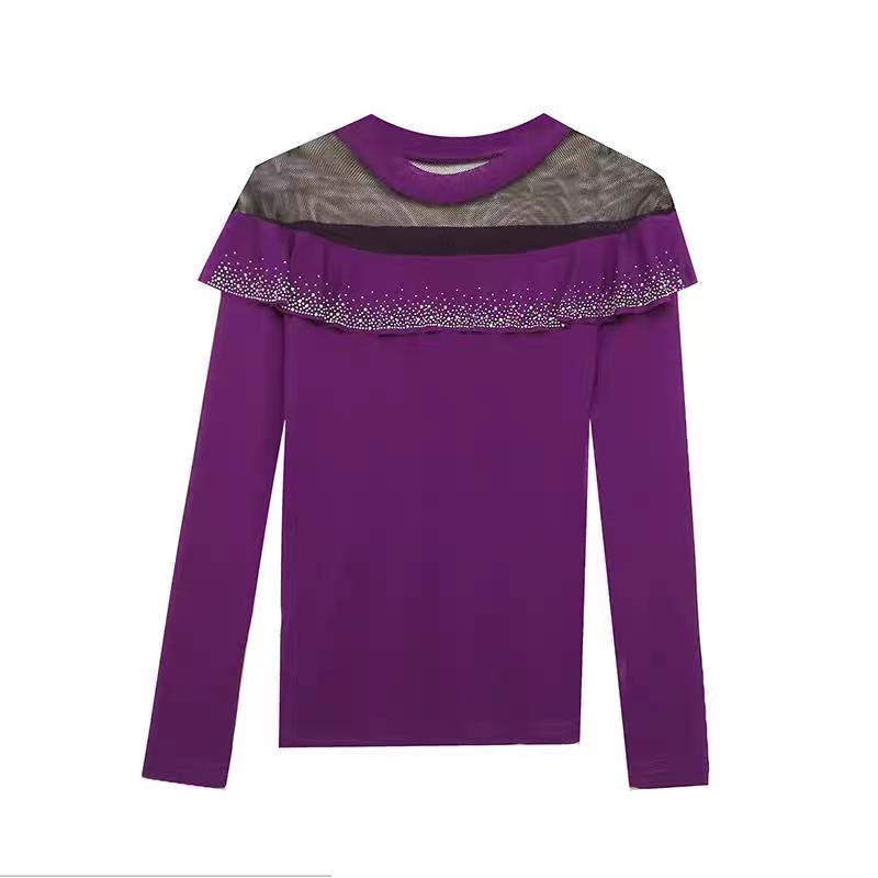 Spring Autumn Long-Sleeved Women's T-shirt Fashion Shiny Ruffles Diamonds Tops Femme Sexy Perspective Mesh Tees Clothes