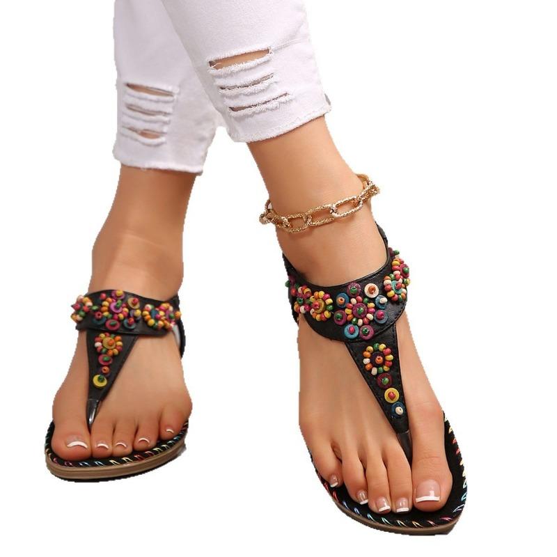 Sandals women's summer new women's shoes summer bohemian pinch flat sandals women's beaded beach shoes women