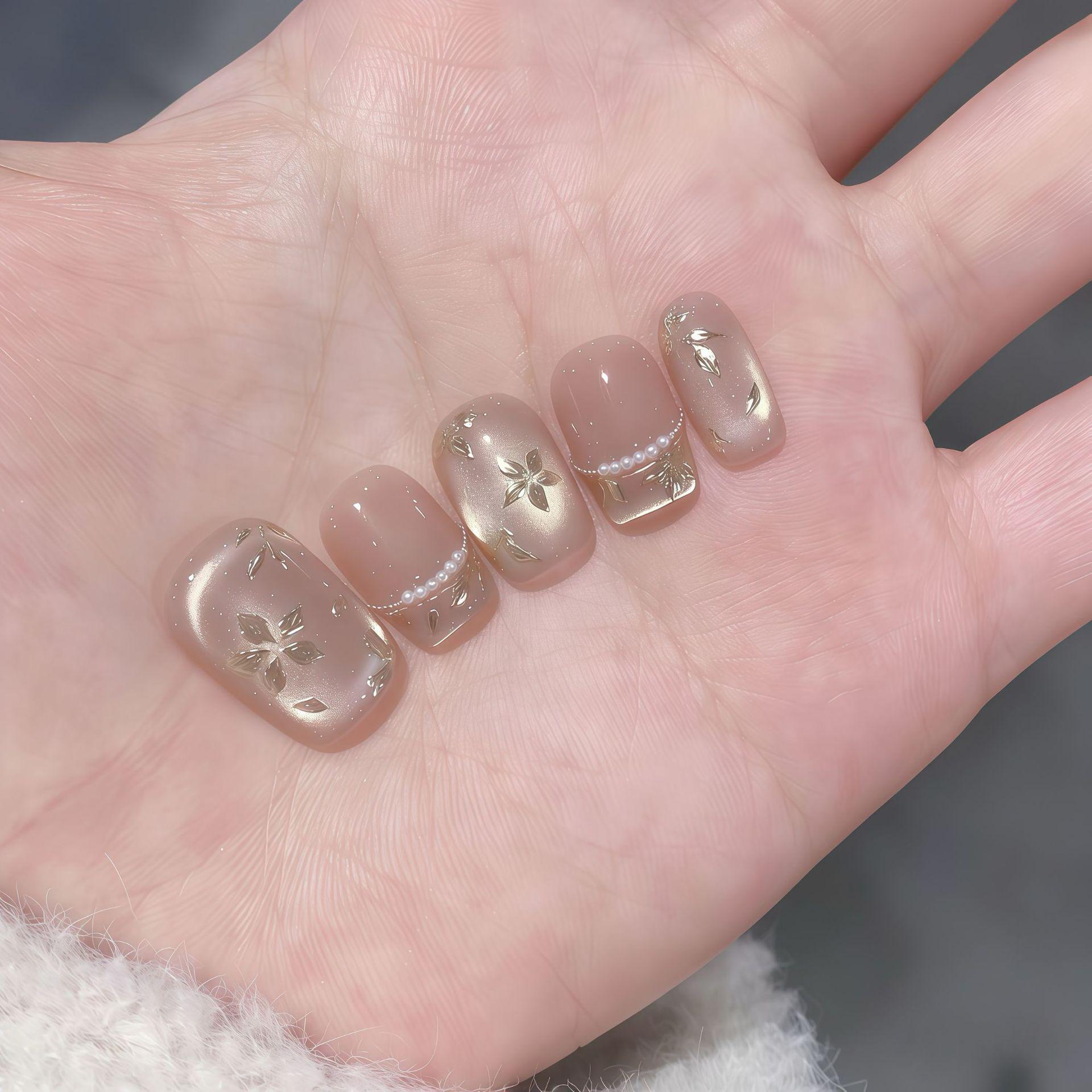 Golden Tide Petal Pearl Handmade Glass Cat s Eye Nails M