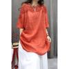 Womens Black Lace Trim Blouse Casual Round Neck 3/4 Sleeve Linen Tunic Top