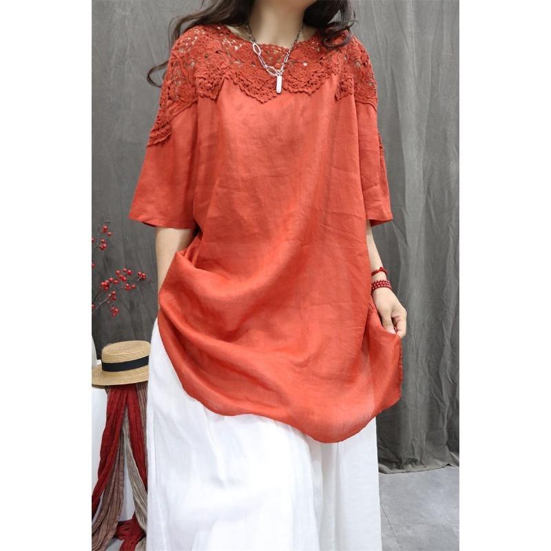 Womens Black Lace Trim Blouse Casual Round Neck 3/4 Sleeve Linen Tunic Top