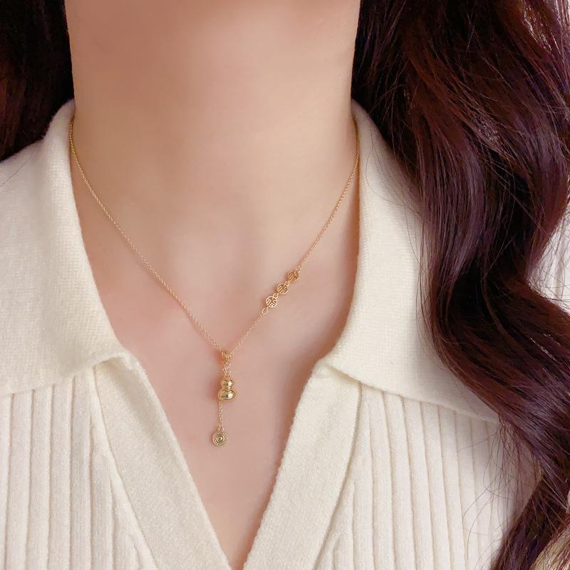 Women s New Chinese Style Fashion Simple Fu Character Gourd Tassel Necklace золотой