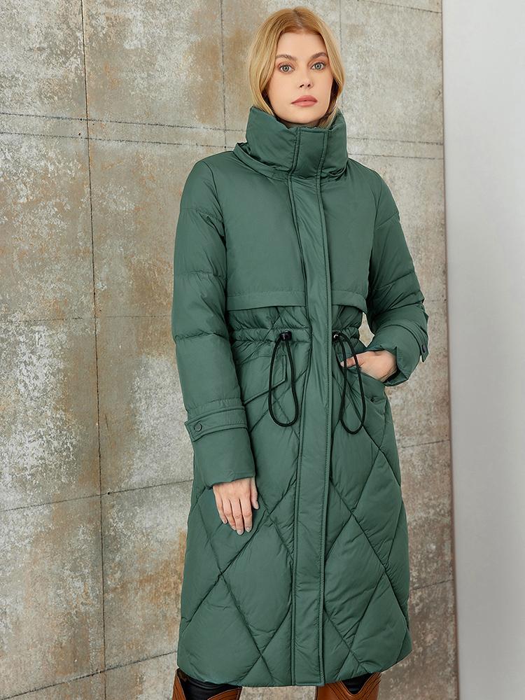 PINK CHIC 2025 New Winter Coat Women Down Jackets High Quality Rhombic Warm Lace up Hooded Long version Female Parka W6553