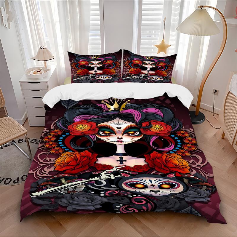 3pcs Sugar Skull Illustration Duvet Cover Set, Cover For Bedroom Guest Room (1 Duvet Cover + 2 Pillowcase, Without Quilt), yy250922204