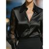 2026 New Elegant Mesh Patchwork Long Sleeve Office Shirt Spring Autumn Loose Casual Women Satin Blouse Fashion Lapel Solid Color Tops Clothes