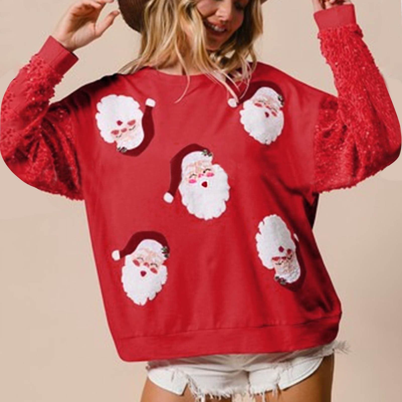 

Жіночий солодкий блискітками рукави універсальний топ різдвяний светр з довгими рукавами XL червоний