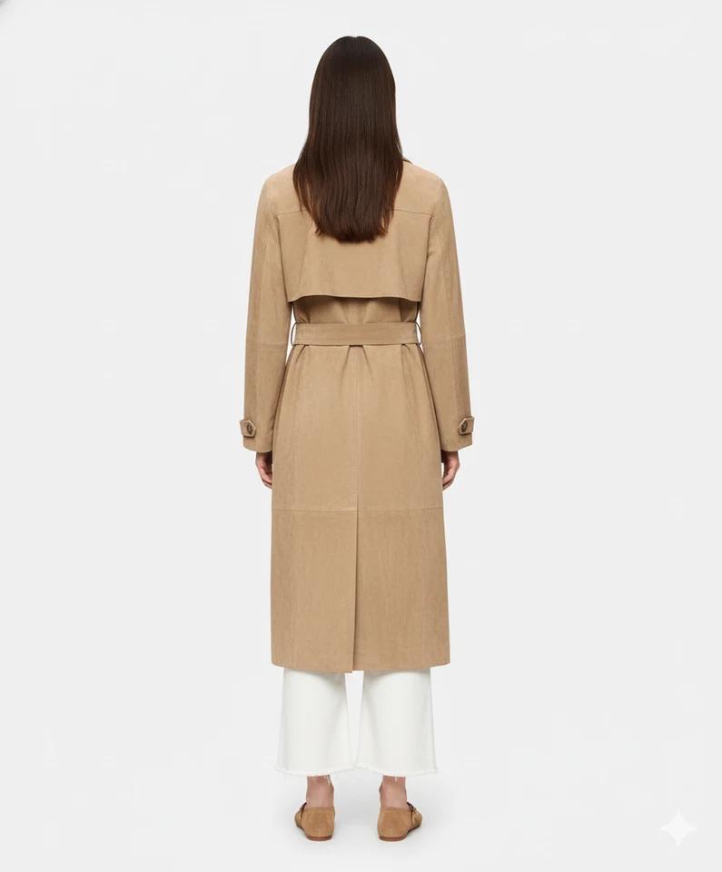 Women's Suede Lambskin Leather Trench Coat Casual Genuine Party Wear Tan Handmade