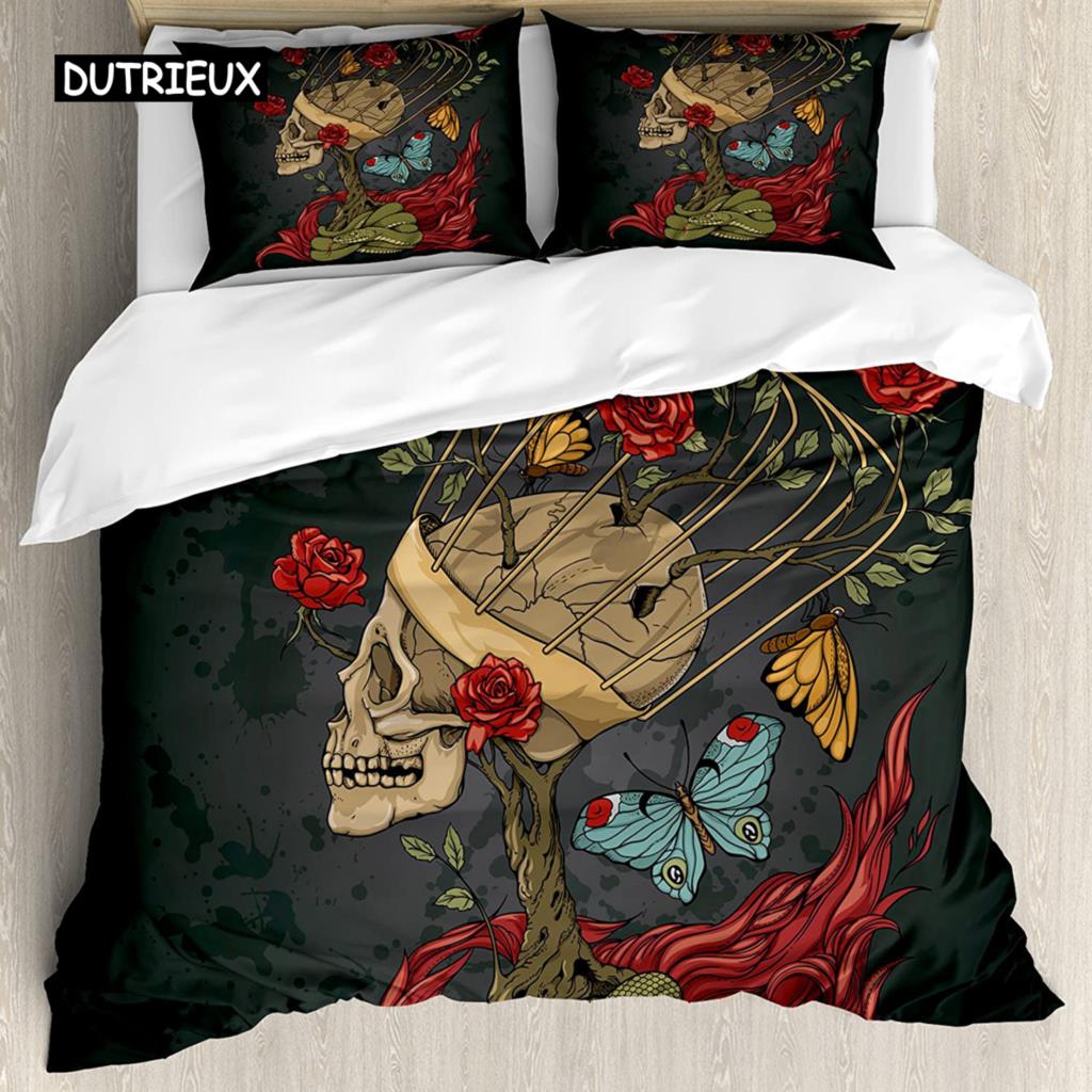Sugar Skull Duvet Cover Set, Monochrome Skull with Roses Leaves and Diamond Shape Folklore Festival Print,Decorative Bedding Set