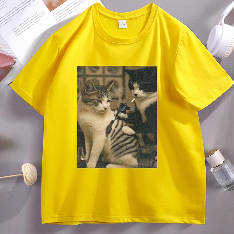 Tattoo Cat Meme T Shirt Casual Cotton Short Sleeve Graphic Tees Streetwear High Quality Casual Men's Clothes Y2k Streetwear
