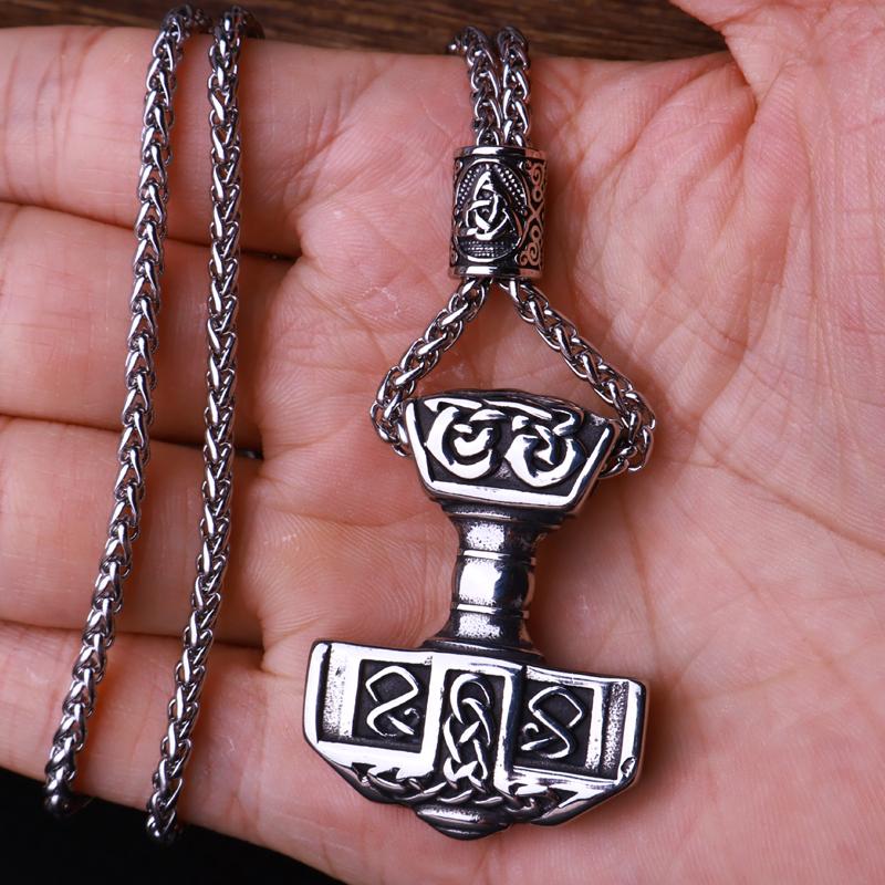 Flerfärgad pärlhalsband med vikingahammare och Thors hammare, rostfritt stål, herrhalsband, Mjolner amulett, smycken