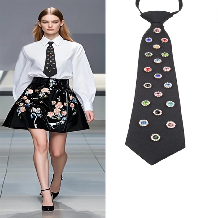 Adjustable Two-Level Necktie Sparkling Crystal Flower Pattern Lightweight Polyester For Daily Wear