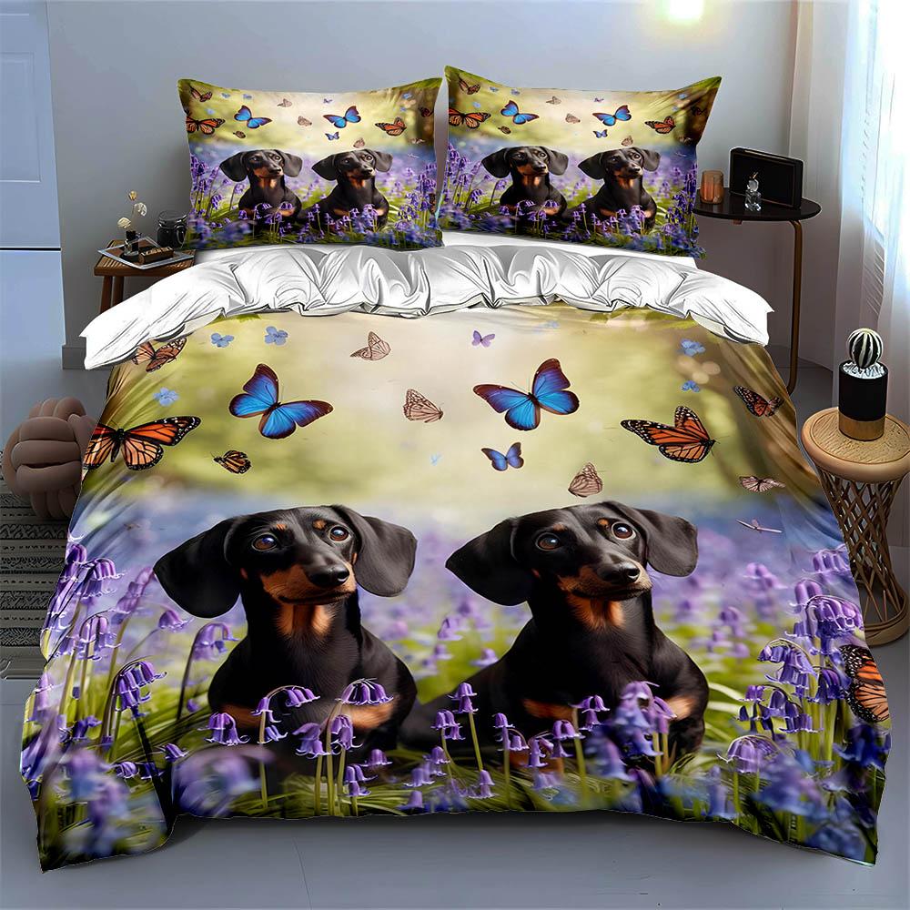 Dogs Butterflies Flowers Bedding Duvet Cover Sets Duvet Covers Pillowcases Gifts (1 * Duvet Cover 2 * Pillowcases, Without Duvet Insert)