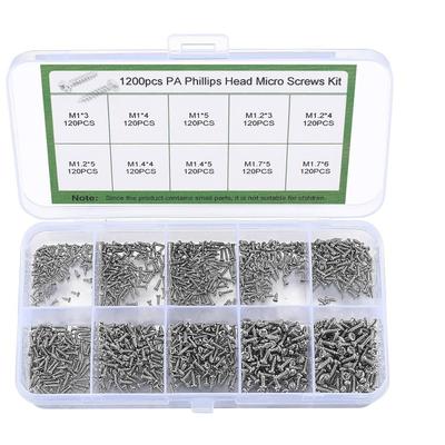 Zestaw 1200 sztuk mini śrub, śruby miniaturowe z łbem krzyżakowym okrągłym M1M1.2M1.4M1.7
