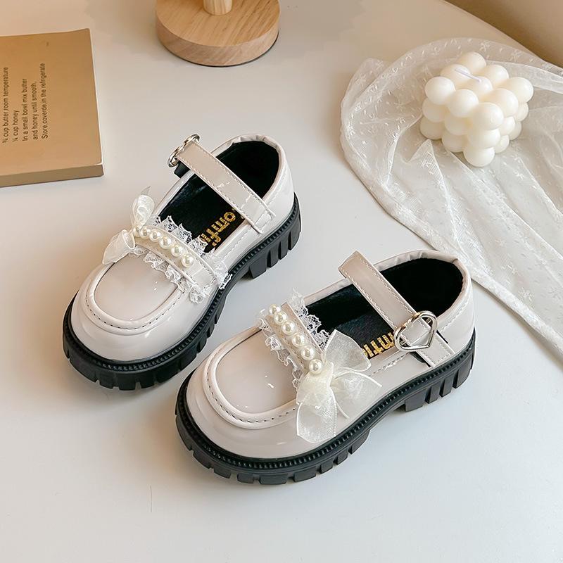 Girls' Pearl Lace Bow Princess Little Leather Shoes2026Spring and summer children's solid color performance shoes for older kids