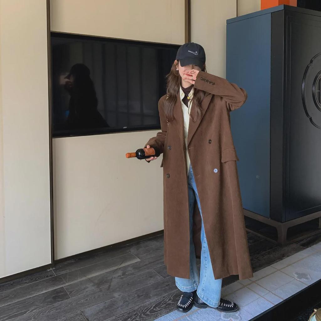 Hong Kong Retro Caramel Corduroy Double-Breasted Women’s Trench Coat