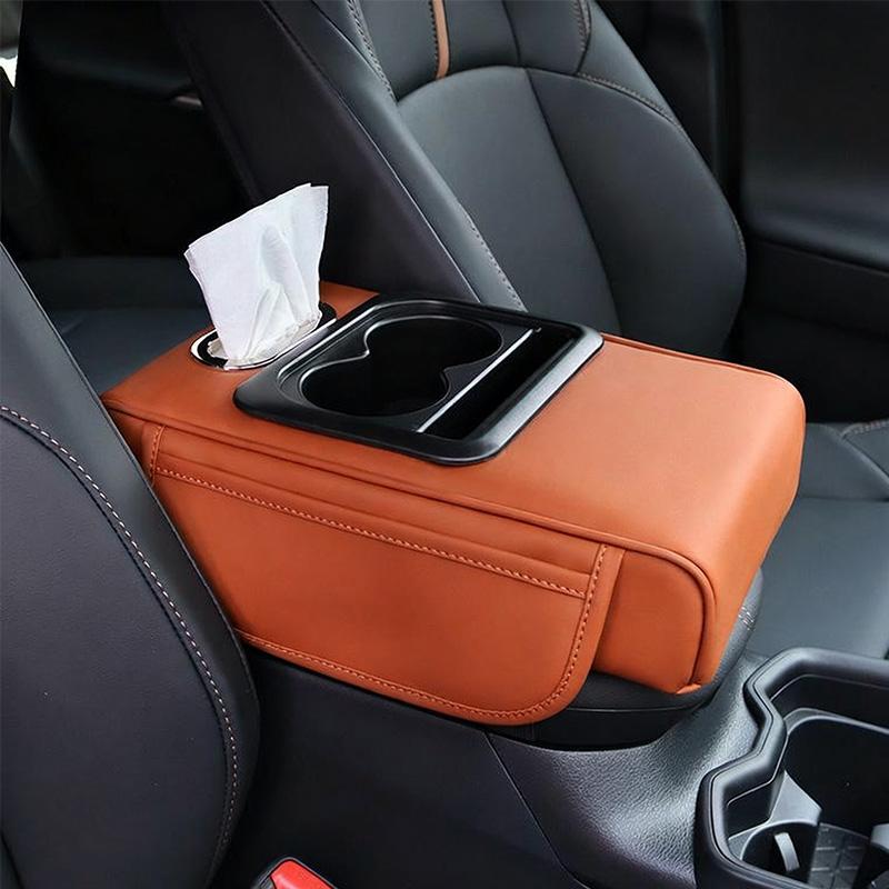 Auto PU Leder Universal Armlehnenkonsolenverlängerung mit 2 Getränkehaltern Auto Innenraum Aufbewahrungsbox Erhöhungskissen Taschentuch Organizer