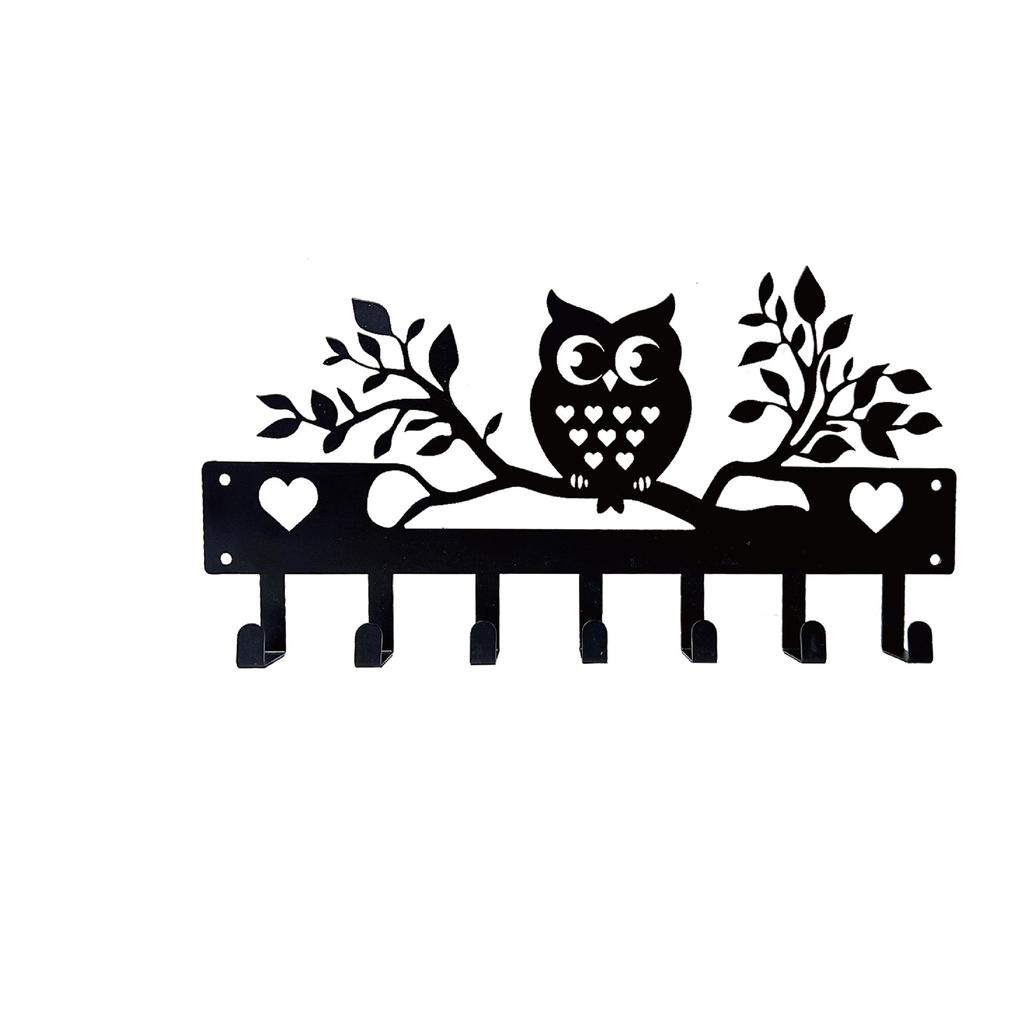 Metal Owl Wall Hook Rack with Seven Hooks for Keys Towels and Small Items Hanging Over Door Storage Organizer