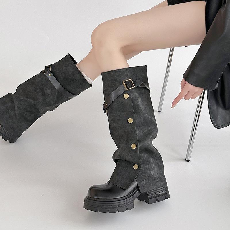 British Style But Knee Retro Maillard Heightening Boots Women's 2025 Autumn and Winter New Fat MM Fashion Trouser Boots