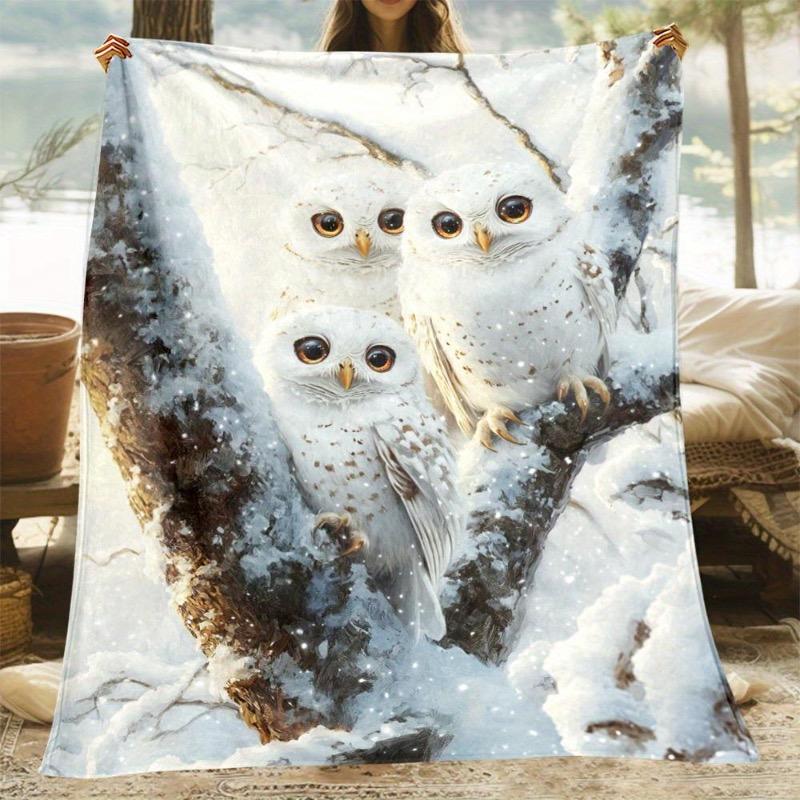 Comfortable Owl Print Flannel Blanket - Soft Lightweight Warm All Season Luxurious Snow Eagle and Snow Forest Design