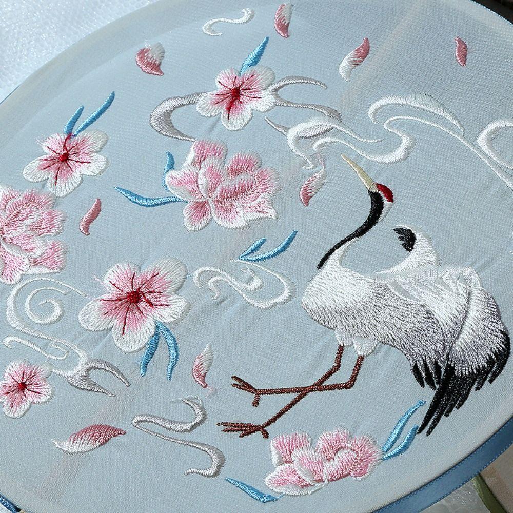 Vintage Chinese Style Round Fan Classical Hanfu Hand Fan Long Handle Silk Fan Hanfu Cheongsam