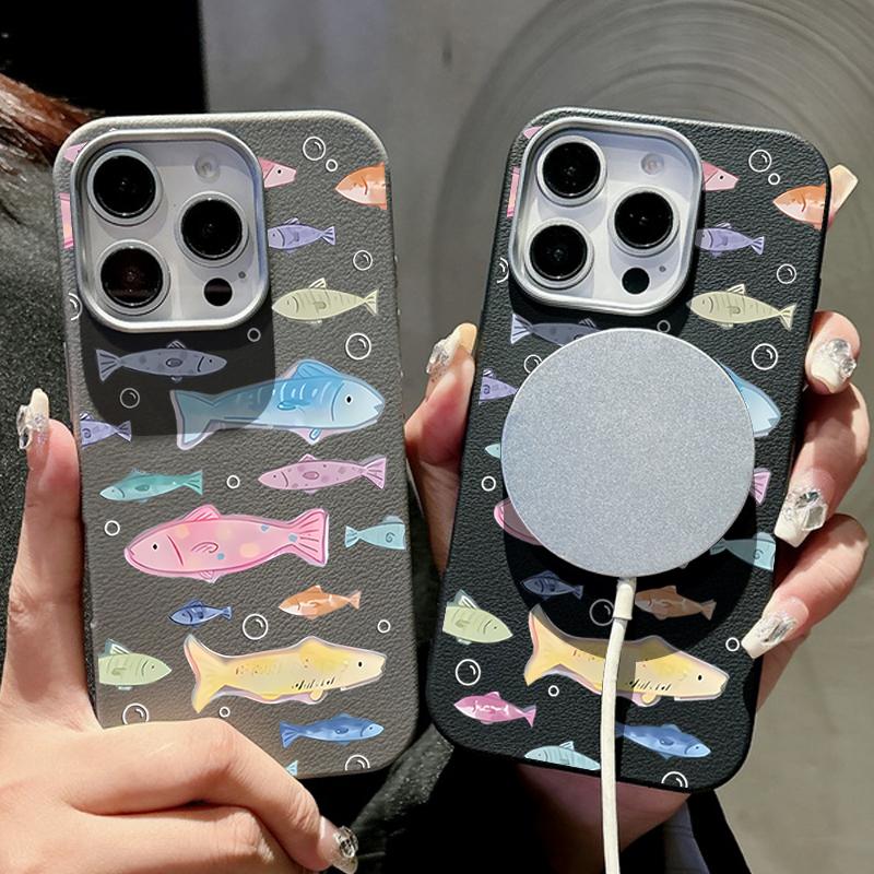 Cute Little Fish Phone Case For iPhone 16 Cases for iPhone 15 14 13 Pro Max 16e Magnetic For Magsafe Wireless Charge Leather Texture Silicone Cover