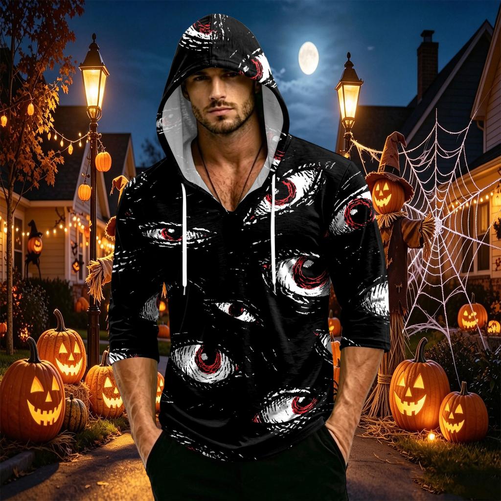 Pullover con cappuccio a maniche a tre quarti, vestibilità larga, stampa di Halloween da uomo