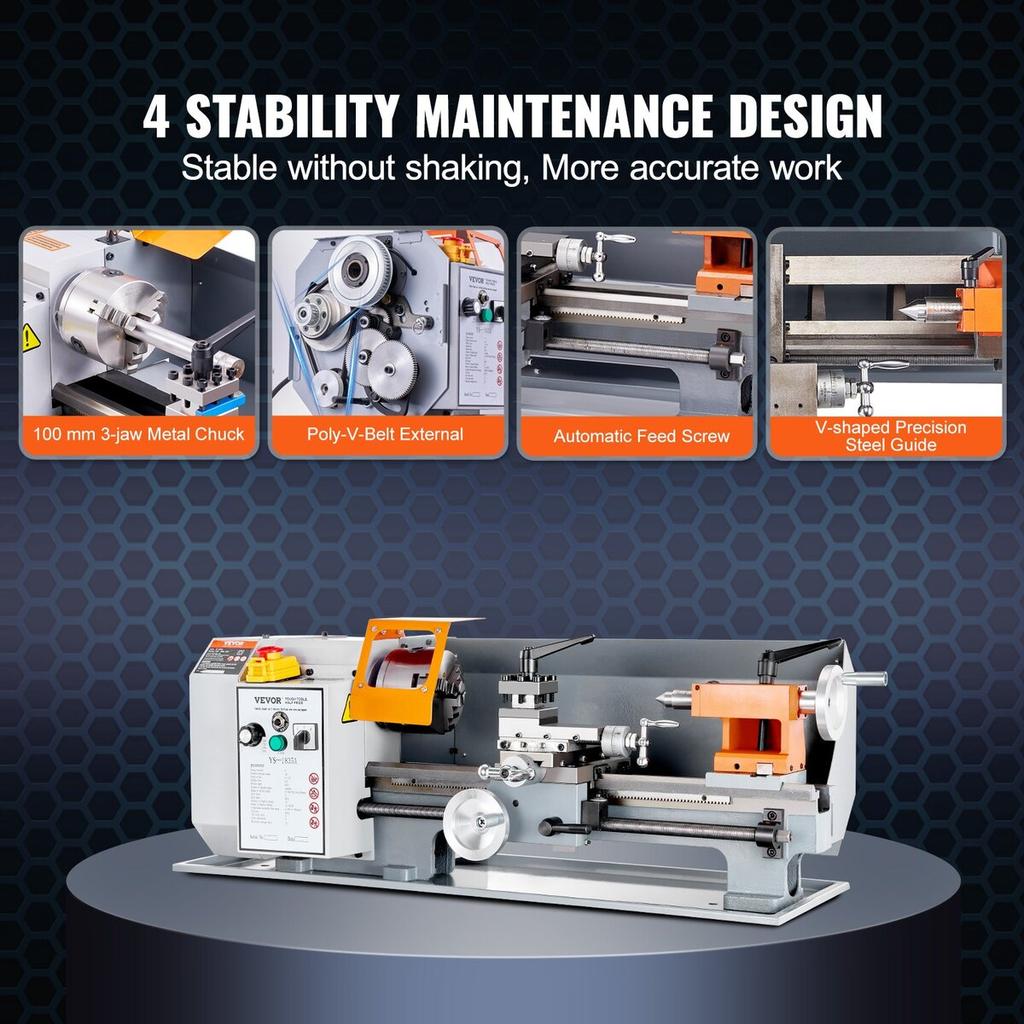 Metal Lathe Machine, 7'' x 13.78'', Precision Benchtop Power Metal Lathe, 0-2200 RPM Continuously Variable Speed, 500W Brush Motor Metal Gears, with