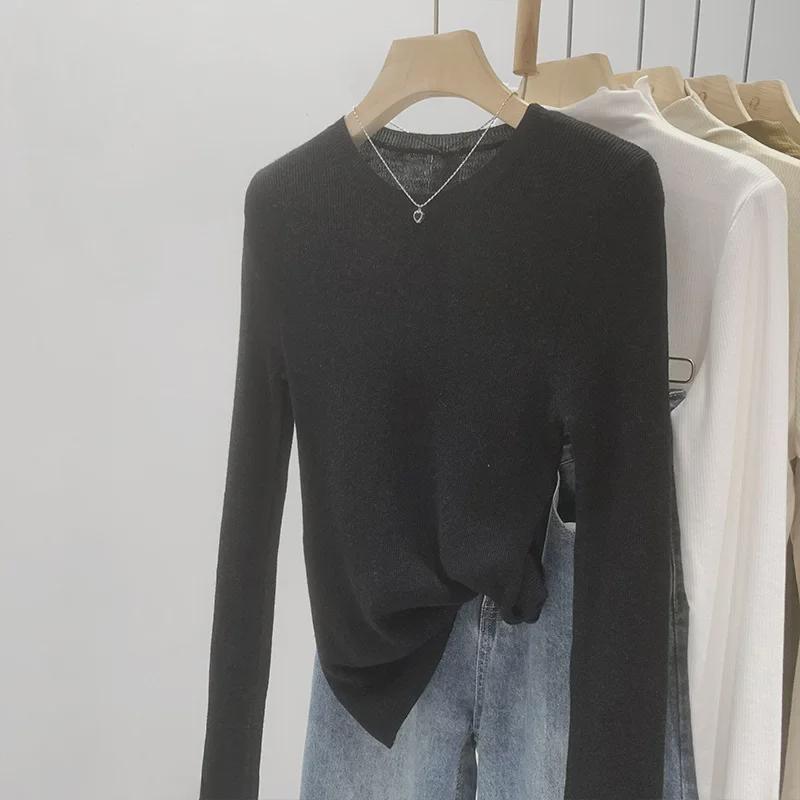 Pulover Tricotat Verde Mentă cu Gât Rotund pentru Femei - Croială Slim, Mânecă Lungă, Top Transparent de Primăvară/Toamnă