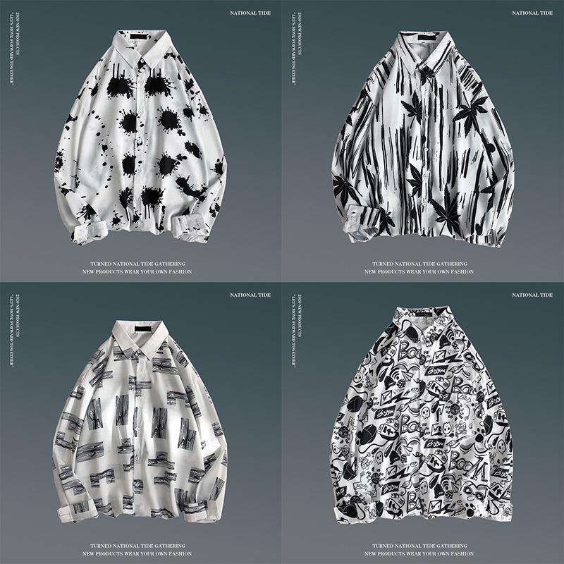 Men's Spring Retro Floral Long Sleeve Shirt - Korean Style, Trendy, Versatile, Loose Fit, Hong Kong Couple Style Top.