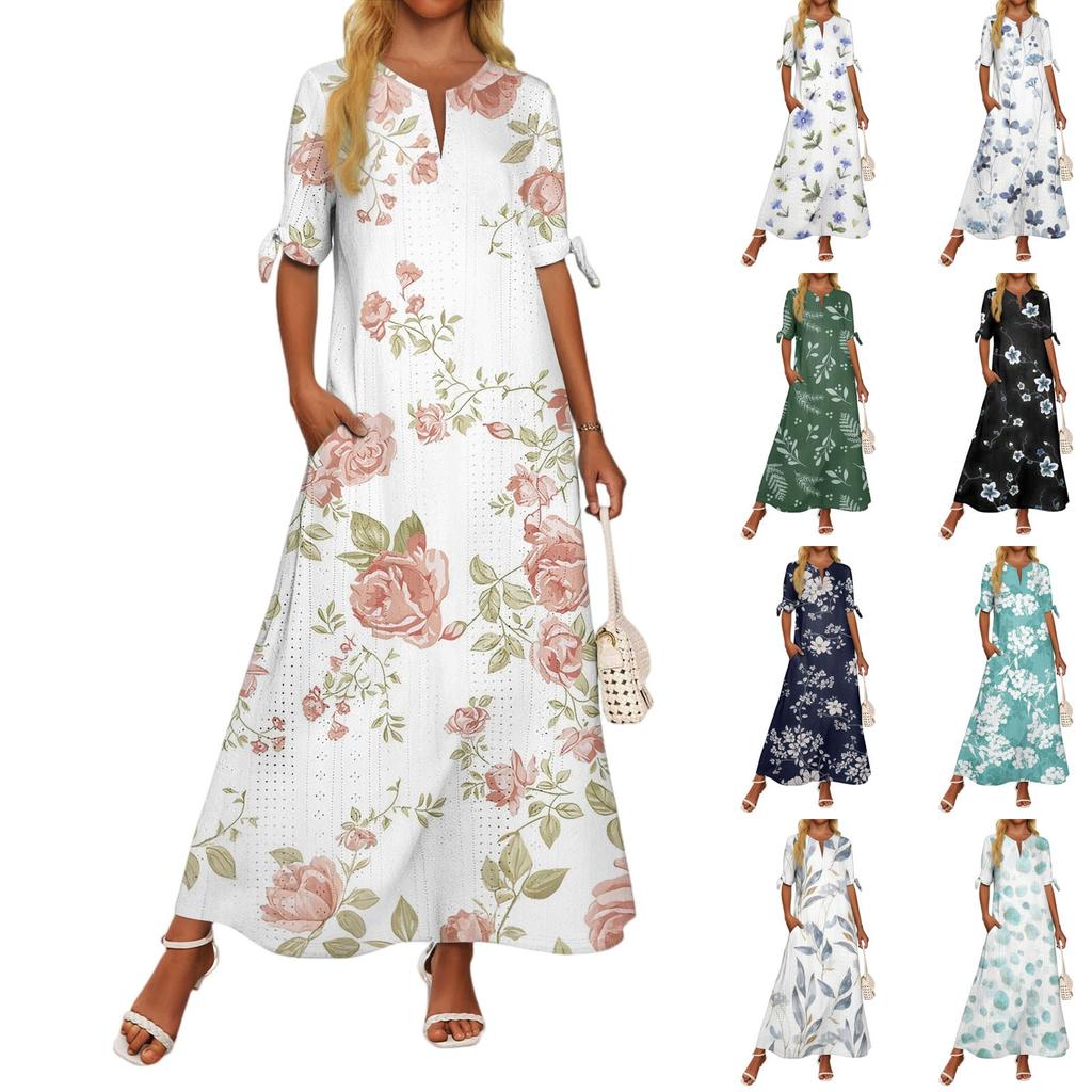 Ladies Casual Fashion Temperament Elegant Waist Patchwork Print Long Dress