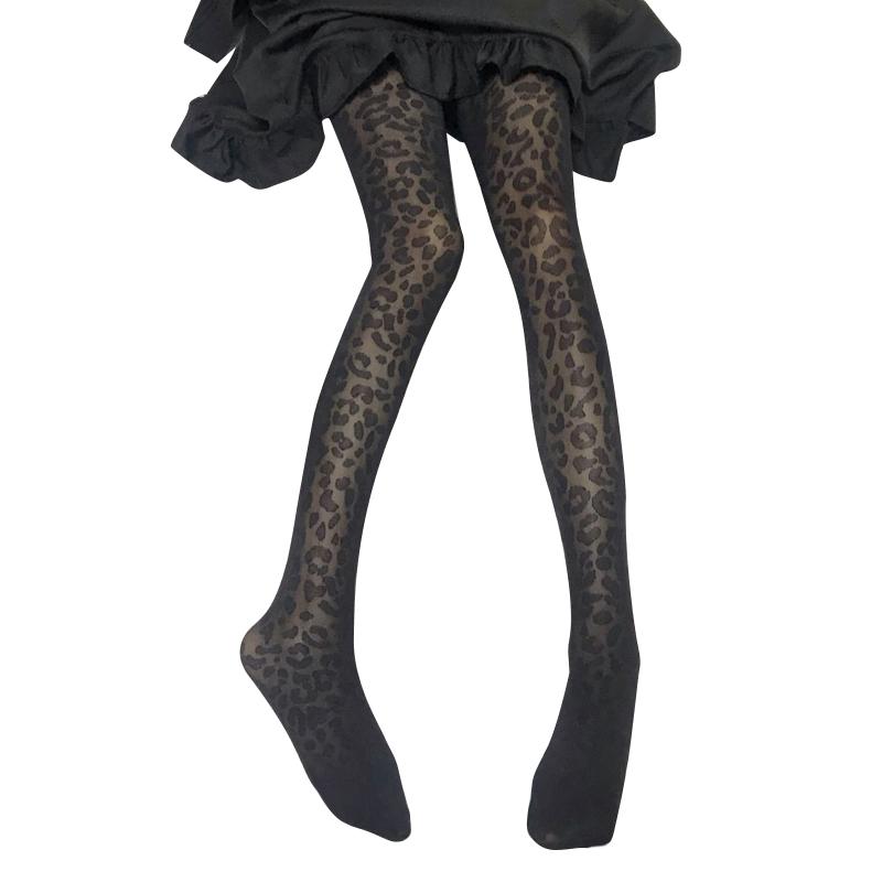 Women Spring Summer Sexy See Through Silky Pantyhose Stockings Leopard Print Jacquard Patterned Black Tights Hosiery