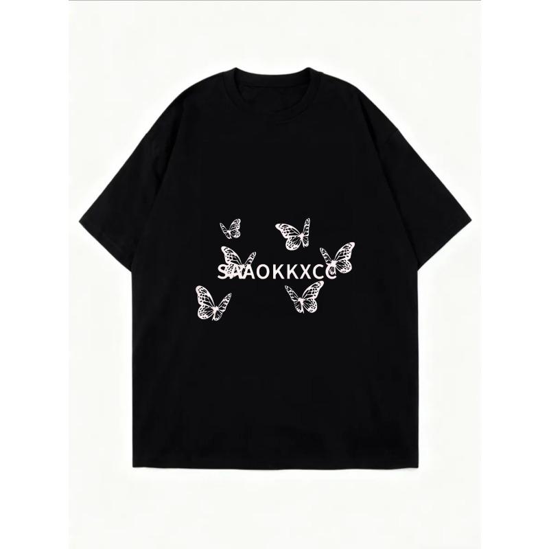 White Oversized T-Shirt With Butterfly Print And Saaokkxc Text For Casual Wear