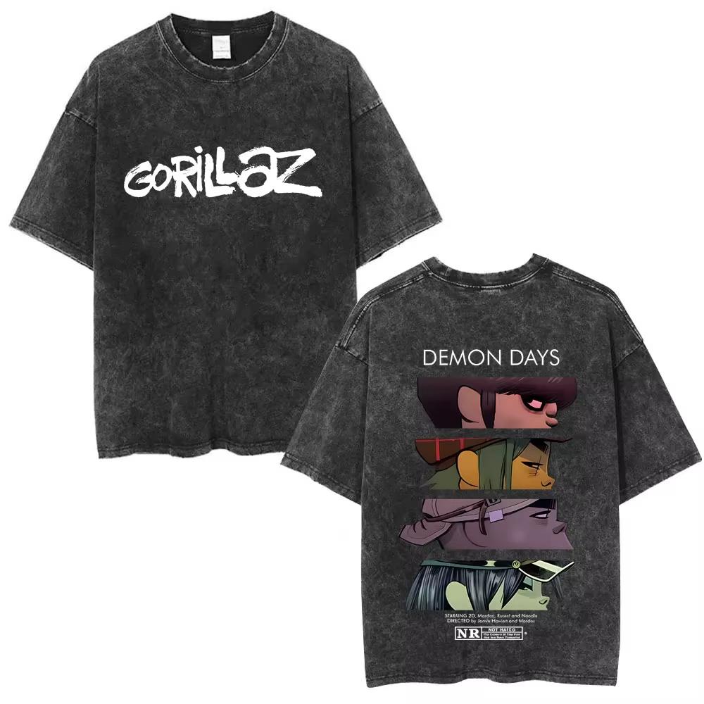 Washed Vintage Rock Band Gorillaz Album Graphic T-shirt Men's Women Hip Hop Fashion Oversized T Shirts Male Cotton Streetwear