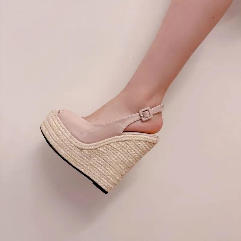New Wedges Woven Hemp Rope High Heels Womens Sandals Sexy Peep Toe Platform Back Buckle Strap Thick Soled Apricot Shoes