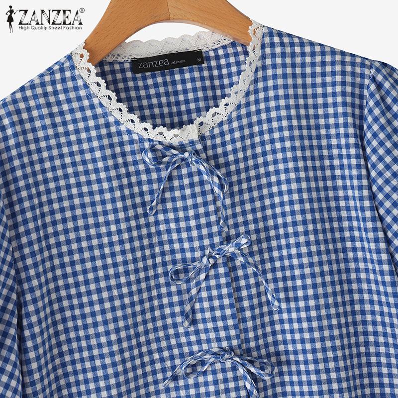 ZANZEA Women Summer Round Neck Lace Patchwork Plaid Casual Ruffled Blouse