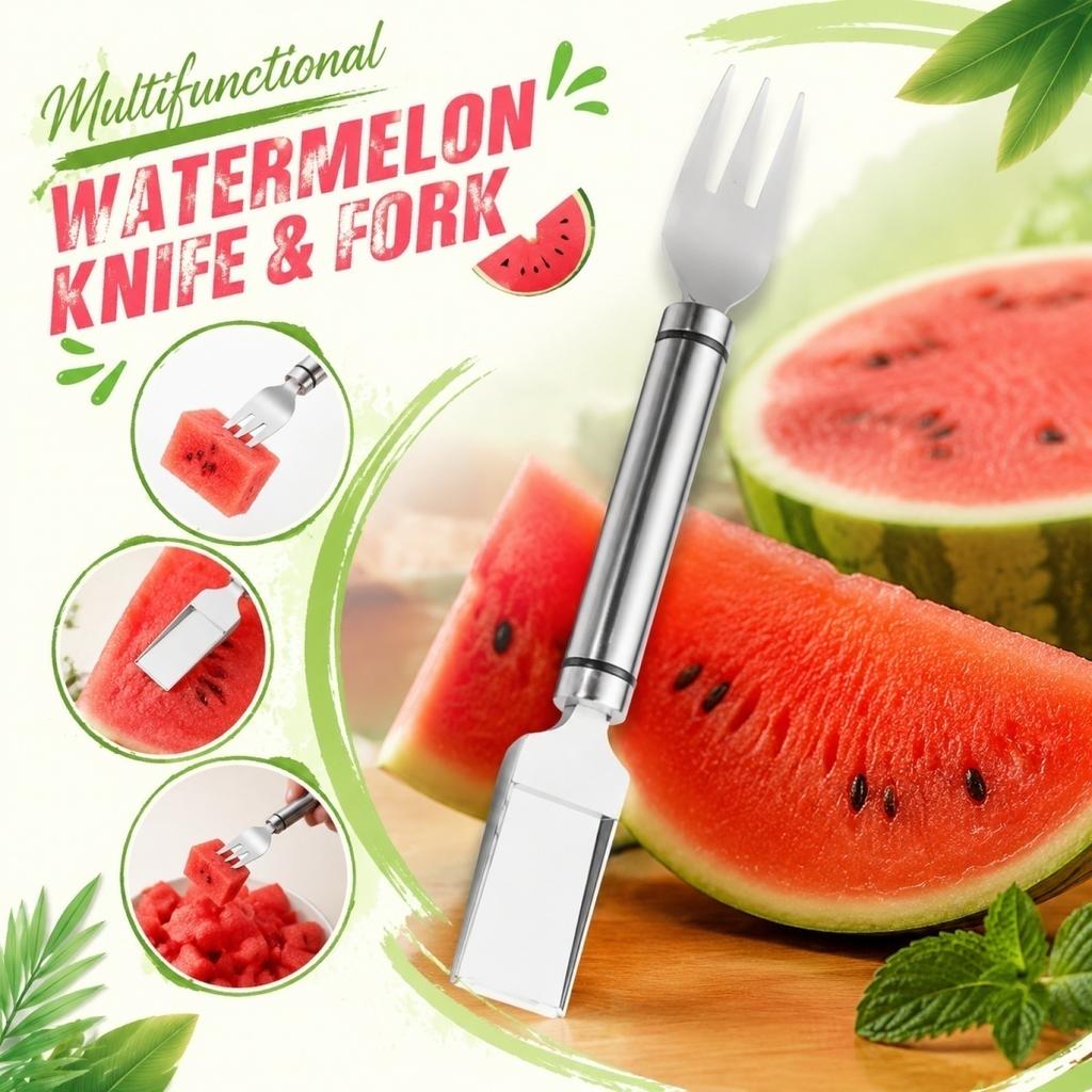 Multifunctional Kitchen Tool 2 in 1 Watermelon Cutter and Fork Stainless Steel Fruit Slicer and Server for Easy Fruit Preparation and Serving