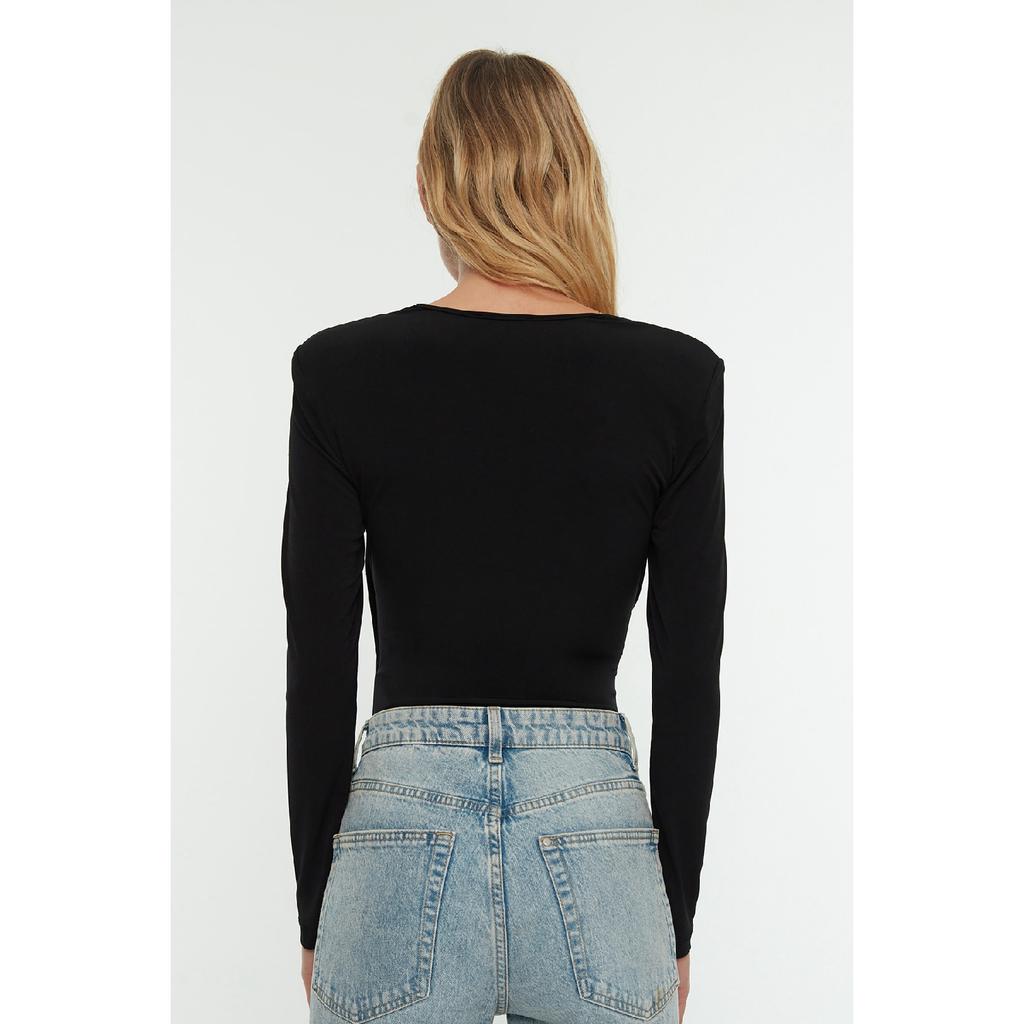 Schwarzer, wattierter, drapierter, eng anliegender Strickbody mit flexiblem Druckknopfverschluss Twoaw22bd0156