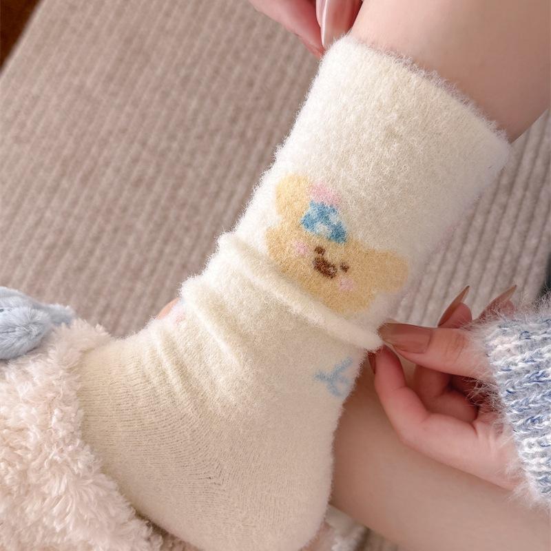 Female Autumn and Winter Thickened Warm Love Cute Cartoon Dog Home Floor Sleep Tube Stack Socks