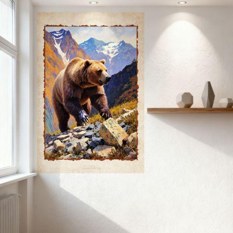 Vintage Brown Bear Mountain Landscape Metal Tin Sign, Rustic Rocky Hillside Snow-Capped Mountains Wall Decor for Home Office Bar