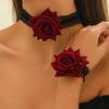 Minimalist Red Rose Choker and Bracelet Set – European & American Influencer Lace Design