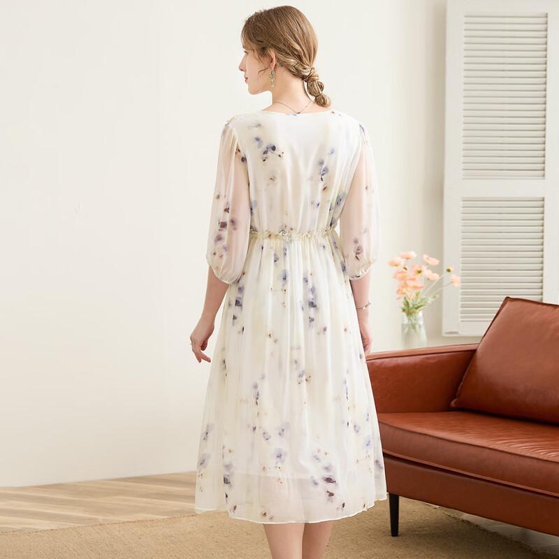 TUHUANG 100% morušové hedvábí V-výstřih Květinové georgette Maxi šaty