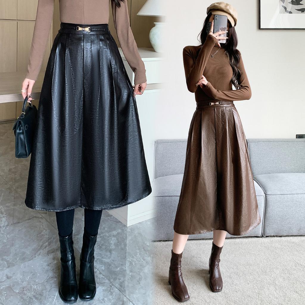 DIMANAF 2025 New Autumn Plus Size Long Women PU Skirts Elastic Waist Oversize Lady Elegant High Waist Skirts Solid