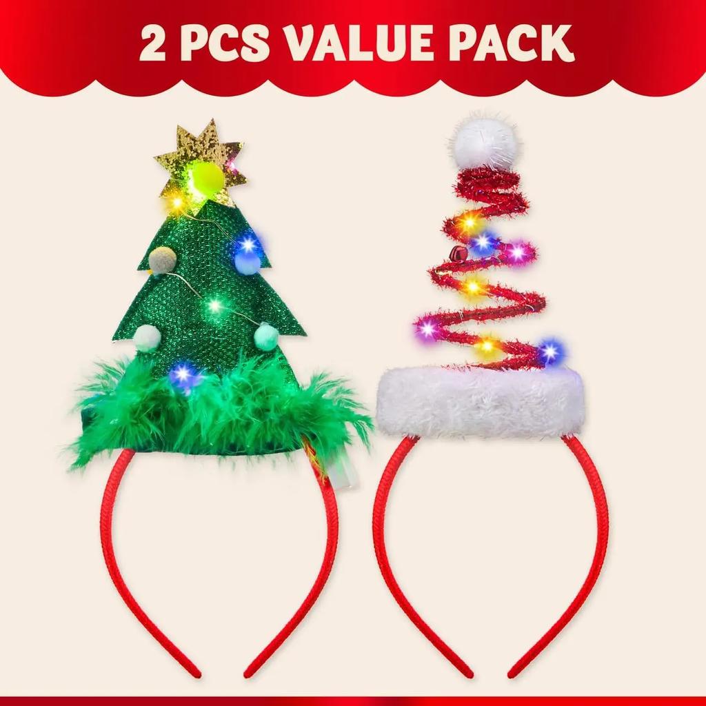 JOYFY 2 PCS Lighted Christmas Headbands with LED Lights In Springy Santa Hat Tree Designs for Christmas and Holiday Parties